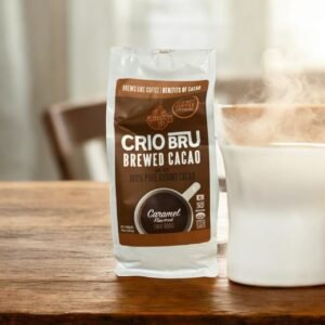 Crio Bru Brewed Cocoa packaging with ground cacao beans